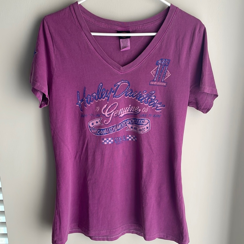 Harley-Davidson Women Dostressed V-Neck Berry Blue Lavender Graphic- size Large